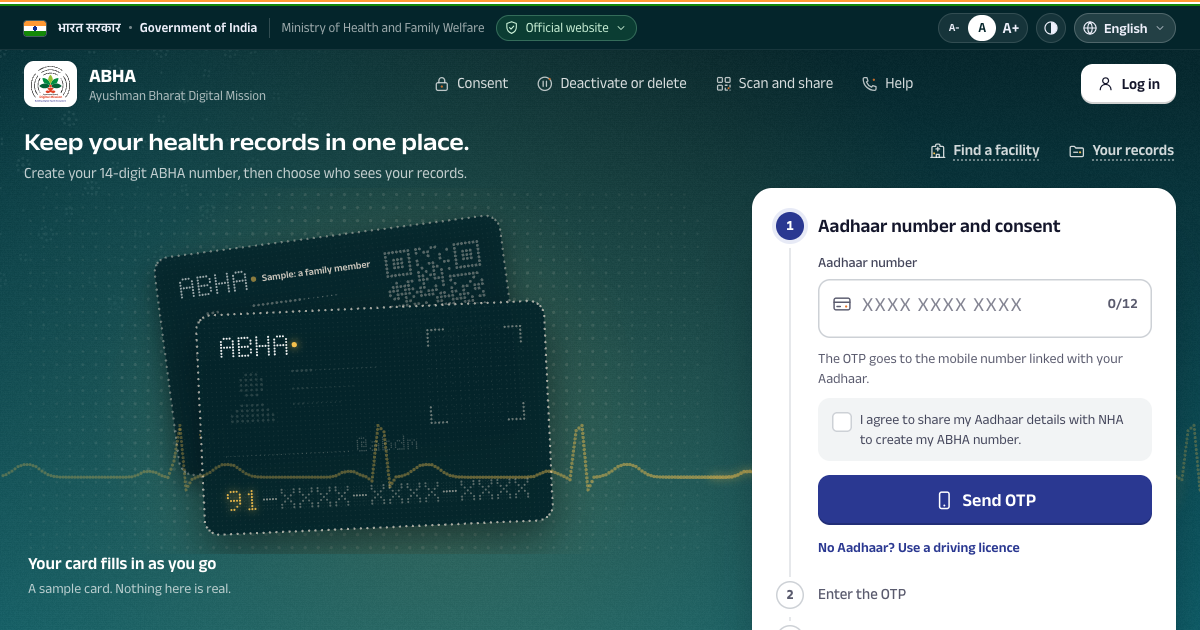 The ABHA concept: a health card drawn in dots with a heartbeat line running through it, beside a step-by-step form