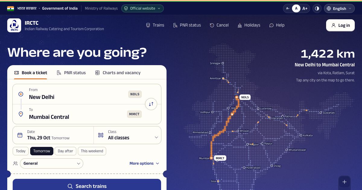 The IRCTC concept: a dot map of India with a lit route from New Delhi to Mumbai, beside the booking panel